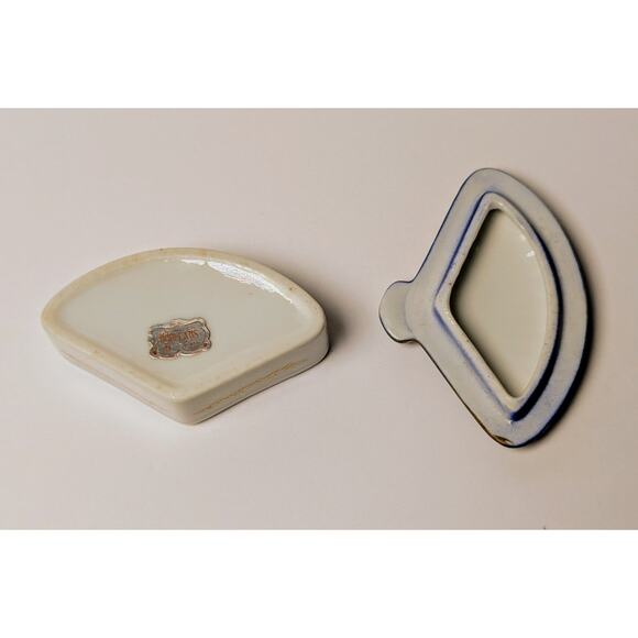 Vtg Norleans Japan Fan Trinket Box 3.5x2.5" Porcelain Floral Cobalt Blue Gold - Picture 5 of 9